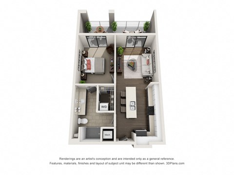Floor plan for 1 bed, 1 bath, 674 sqft